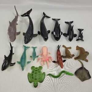16 Marine Ocean Animals Fish Bathtub Rubber Toys 10" Shark Whale Dolphin Walrus